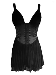 Casual Dresses Leyajedol Women Y2K Low Cut Bustier Mini Dress Square Neck Corset Ruffles Short Pleated Going Out Party Clubwear(F-Black