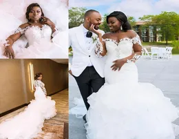 Plus -storlek afrikansk sjöjungfru bröllopsklänningar ren Oneck Illusion Lace Applique Lång ärm Ruffles Cathedral Train Wedding Gown4780232