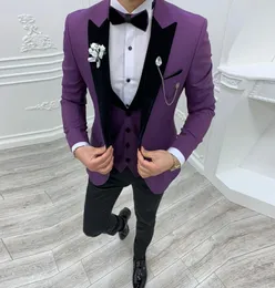Spersonalizowany smoking ślubny Purple 3 sztuki Slim Fit Pant Suits PROM PRYTURE BIZUNEK KURT KURTKA KAŻDEK Black Pants 8206241