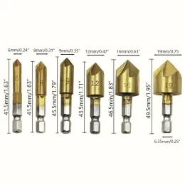 6st 6-19mm 5 Flute Chaschfering Drill Bit Set Hex Shank HSS COCTERSIND BRILL BIT SET 90 graders uppsättningar för trä snabb förändring bit