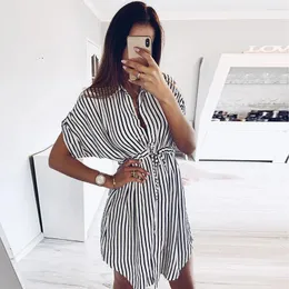 Sıradan Elbise Kadınlar Elbise Sonbahar Drawstring Mini Partisi Gece Kısa Kollu Çizgi Baskı Çöp Gömlek Tek Göğüslü Sundress