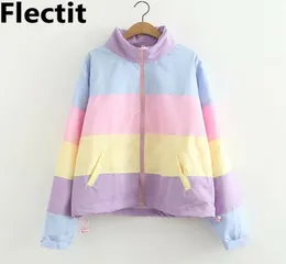 Flectit Women Pastel Rainbow Bomber Jacket Cute Color Block Duster Souvenir Sukajan Windbreaker Girls Harajuku Pastel Goth 201025873229