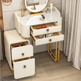 Modern Bedroom Furniture Solid Wood Slate Dressing Table Storage Cabinet Integrated Luxury LED Mirror Vanity Makeup Dresser e