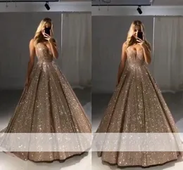 Shiny Gold Ball Gown Evening Dresses Sexy V Neck Sequins A Line Long Party Prom Dresses BC0412