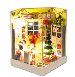 Christmas mini dollhouse with dust cover light books wooden miniatures figures diy doll house kits toys mainan rumah boneka Y200416020576