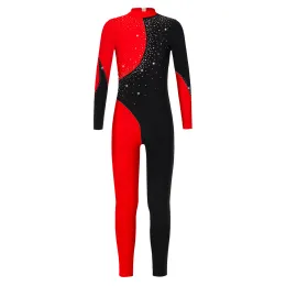 Kids Girl Long Sleeve Rhinestone Full Body Unitard Assume Gymnastic Clothes Bodysuit Belesuits Ballet Leotard Skating Dancewear