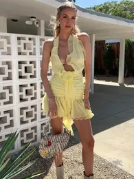 Casual Dresses BEVENCCEL Elegant Ruffle Edge Open Back Deep V-Neck Sexy Yellow Pleated Slim Fit Long Dress 2024 Summer Women's Club Party