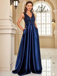 Lucyinlove Elegant Sequins Evening Dress For Women 2024 Deep V-neck Satin Prom Party Green Dress Floor Length Blue Formal Gowns 240328