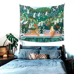 Tapestries Illustration Tiger And Woman Tapestry Wall Hanging Painting Animal Blanket Home Decor For Living Room Bedroom