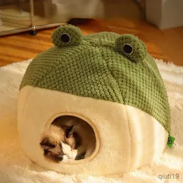 고양이 침대 가구 새로운 작은 개구리 애완 동물 둥지 시리즈 반 덮정 고양이 둥지 가을과 겨울 따뜻한 플러시 하우스 개 둥지