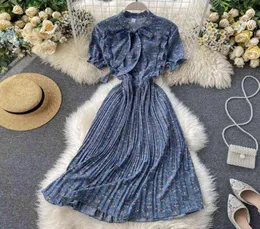 2022 Bow Vintage Ruffles Floral Print Brate Summer Party Midi Long Dress Chiffon Women High Pheist Beach Beach Elegant Dresses Y21765517