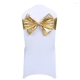 Stol täcker 10 st metalliska stretch spandex Sash Band Gold Silver Lycra Wedding Bow Free Tie för el bankettdekoration