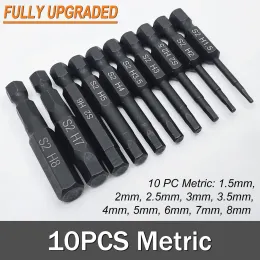 10 PCS Imperial/Metric Hex Head Allen Wrench 드릴 비트 세트 빠른 릴리스 생크 자기 드라이버 비트 세트 1/4 "직경