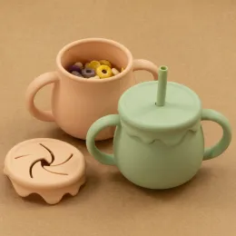 Neue Kinder Silikon Fütterung Lebensmittel Aufbewahrung Box Snack Tasse tragbarer Neugeborenen Trinkbecher Säugling Dual Zweck Sippy Cup Baby Zeug