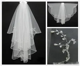 Whole Cheap Beaded Bridal Veils Two Layers Tulle Elbow Length Beaded Edge Wedding Veils for Wedding Fast In Stock2996853