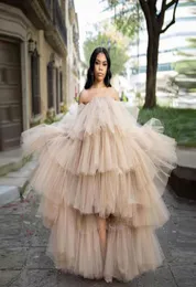 2022 Sexy Ruffles Champagne Tulle Kimono Women Prom Dresses Robe for Poshoot Puffy Strapless High Low Evening Gowns African Mat4964346