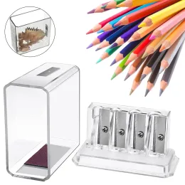 Multifunktionella 4 hål Manual Pencil Sharpener med locket lämpligt för skiss kolfärgade pennor (transparent)