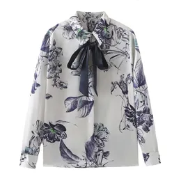 Zach Ailsa Spring Product Womens Design Sense Flip Collar Loose Silk Texture Bow Decoration Printed Shirt 240326