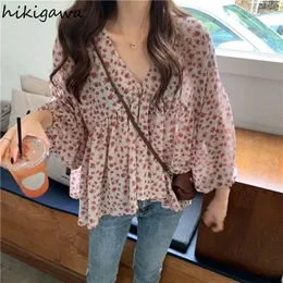 البلوزات النسائية 2024 Blusas Mujer de Moda V-Neck Chiffon Blouse for Women Vintage Floral Summer Disrts فضفاضة رؤية من خلال قمم من خلال