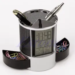 Mesh Pen Pencil Holder With Digital LCD Office Desk Alarm Clock med Time Temp Calendar Function
