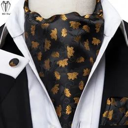 Hitie schwarze goldene Ahornblätter Seidenmenschen Ascots Hanky Manschettenknöpfe Set Jacquard Vintage Cravat Krawatte Schal für männliche Freizeit Formal 240409