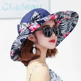 Summer Womens Super Big Brim Sun Hat Fashion Printing UV Ochrona wiatru wiatrowa stała plażowa kapelusz składany240409