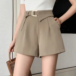 Khaki Casual Summer Mulher curto com botão de metal High Work Work Use Wide perna Pants feminino 240407