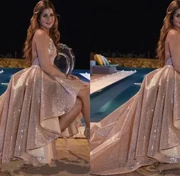 2018 New Shinny Rose Gold Sequins Halter Neck Aline Prom Dresses Secondess Sexy Backless Low Low Ordal Songal Donsals Custom MA8847652