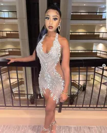 Silver Diamond Mini Cocktail Abiti da sera per Black Girl 2024 Scintilla Crystal Sheer Mesh Birthday Gala Gown Prom