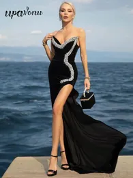 Casual Dresses 2024 Luxury Evening For Women Sexig V Neck High Slit Crystal Design Black Maxi Long Formal Eccesions Party Clown Vestidos
