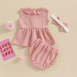 Giyim setleri bebek kız 3 adet yaz kıyafeti kolsuz fırfırlı üst düğme tank elastik bel bloomer şort kafa bandı