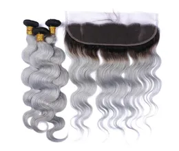 Dunkle Wurzel 1Bgrey Ombre Brazilianisches menschliches Haar webt die Körperwelle mit 13x4 Voller Spitze Frontalverschluss Ombre Silbergrau Haar 36862325