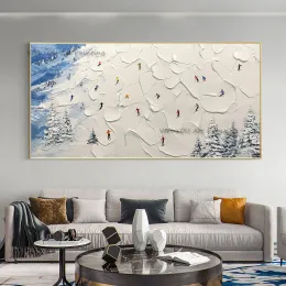 Handpainted Heavily Thick Acrylic Textured 3D Ski Sport Abstract Oil Painting Snow Wall Hanging Art Paintings Art