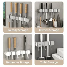 Mop, Broom, Storage Hooks, Wall Mounted, Non-Punch Mop Rack, Multi-Purpose Storage Shelf, Kitchen, Bathroom Accessories