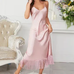 여성용 잠자기 Daeyard Daeyard Silk Nightdress for Women Fashion Tassels 서스펜더 스커트 우아한 Long Nightgown Female Spring Summer Homewear