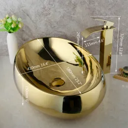 KEMAIDI Luxury 23 Inch Bathroom Vessel Sink Gold Ceramic Sinks Above Counter Oval Bathroom Sink with Waterfall Faucet Mixer