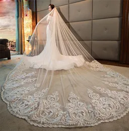 Gorgeous 4M One Layer Long Cathedral Ivory Wedding Veils Lace Trim Soft Tulle Wide Bridal Veil Accessories With Comb8479013