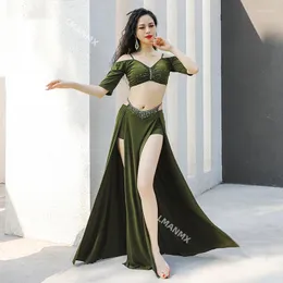 Bühnenbekleidung Kostüm für orientalische Tanzkleidung Frauen Kurzarm 2 Stück Set Bauchkleid Kostüme elegant sexy weiß