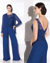 2024 Elegante königliche blaue Mutter der Brautanzüge mit Chiffonjacke Pailletten Perlen Frauen Overalls formelle Verschleiß zwei Stücke Hochzeitsgastkleid