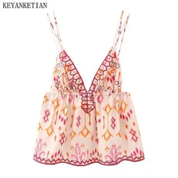 دبابات المرأة Camis keyanketian جديدة الصيف المرأة العطلة حبال Argyle Tank مع ترتيل مطرز تضيق التضييقية الخزان قمة محصول J240409