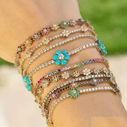 Charm Bracelets 2021 New Arrived Blue Cz Colorf Flower Tennis Link Chain Bracelet For Women Girls Iced Out Bling Paved Daisy Drop Del Dhm9K