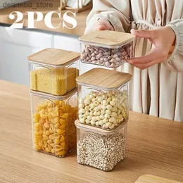 Jarros de comida Cacadres de 2pcs Pet Plástico Alimento Storeae Recipiente com tampa de bambu Caixa de macarrão de jarro selada Boteira Multirain Bottle Bottle Dried Fruit Tea Storee Box L49