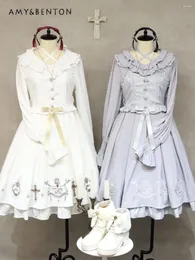 Casual Dresses 2024 Tidig vår Japanese Sweet Sweet Lolita Dress for Women Kawaii Cartoon Embroidered Bow Lace Up Slim Fit Midi