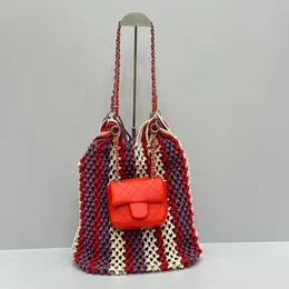 7A Designer Beach Bag Knitted Yarn Material with Bottom Patchwork of Sheepskin Net Pocket Paired with Genuine Leather Mini Flap Cover Twin Bag
