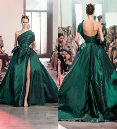 Elie Saab mörkgröna aftonklänningar en axel arabisk sexig hög delad formella kvinnor prom klänningar vestidos de novia6411554