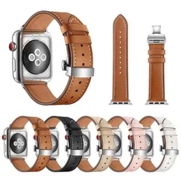 Butterfly Clasp Leather Rem för Apple Watch Series 4321 Fashion Band 38mm 40mm 42mm 44mm för IWATCH9505221