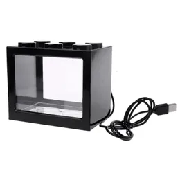 زخارف USB Mini Aquarium Fish Tank مع مصباح LED ضوء Betta القتال زخرفة اسطوانة 230705 إسقاط تسليم المنزل حديقة PET DHGNS