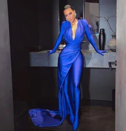 Вечернее платье Женская одежда Balqeesfathi Nawalelzoghbi Kylie Jenner Blue Vneck с тропой с длинным рукавом YouSef Aljasmi Silver Cryst5332221