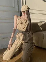 Frühlings Sommer Mode Khaki hohe Taille ärmellose Weitbein Jumpsuit Lose Knopf Straight Gurt Long Pant Casual 240409