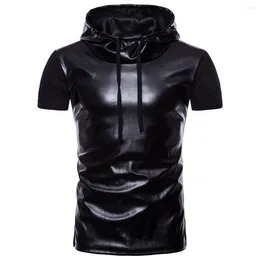 Men's Jackets Summer Black Short-sleeved Leather T-shirt Hooded Trend